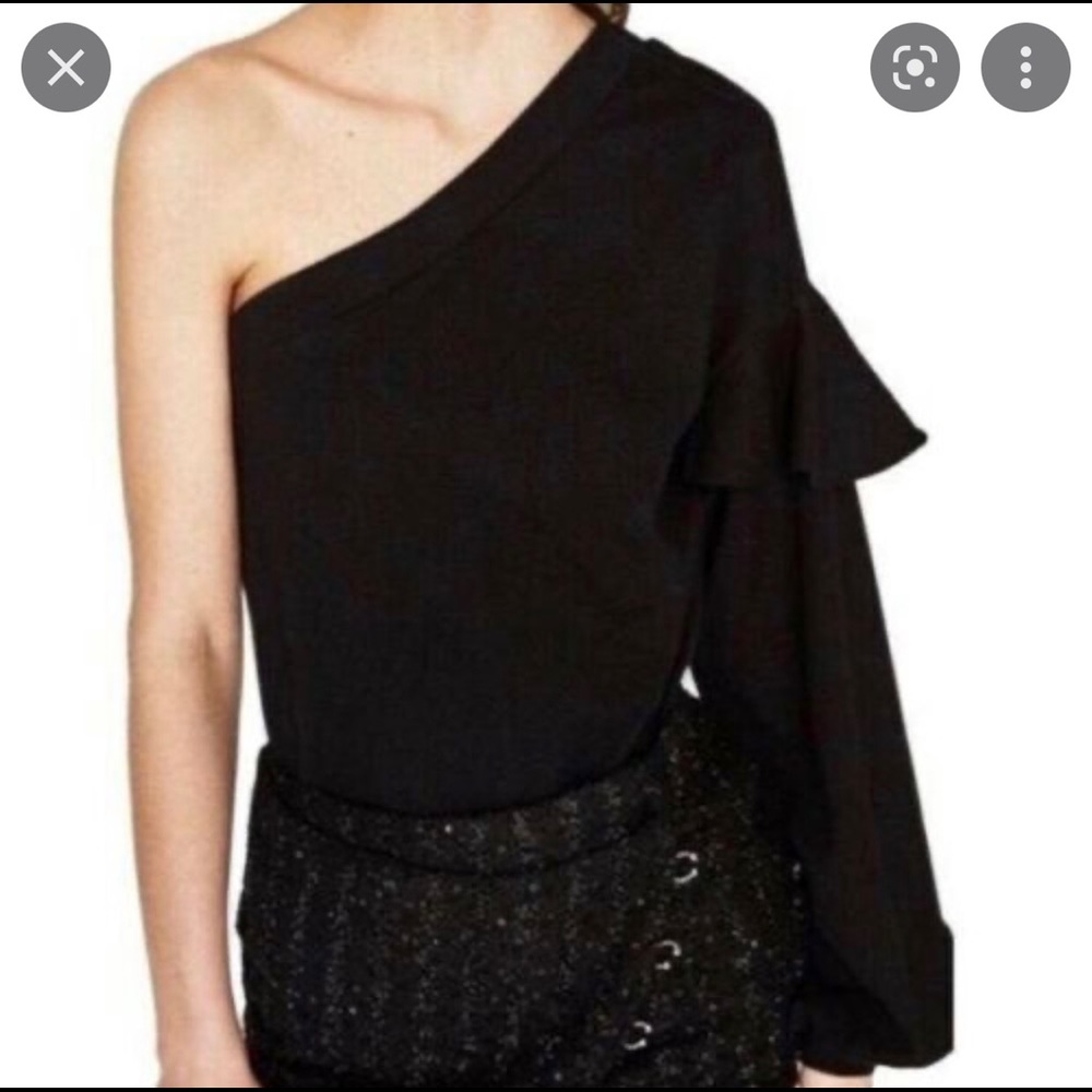 Zara Black Sweatshirt One Shoulder Ruffled Size Small
